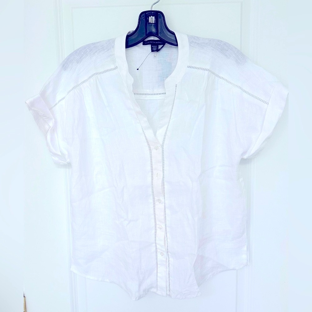 Saks Fifth Avenue NWT White Linen Button Blouse Short Sleeves Cool Beach Summer